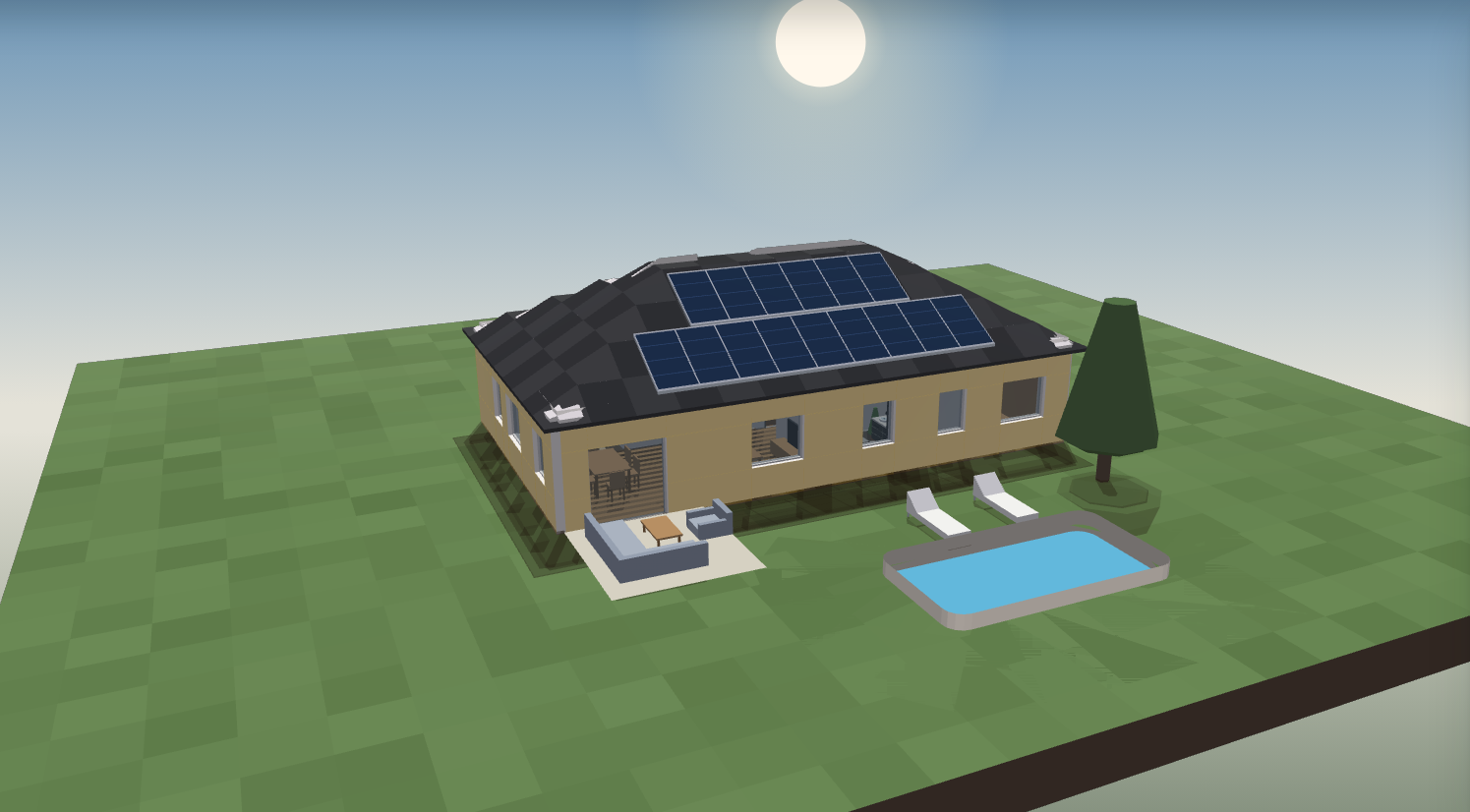 3D-Außenansicht des Beispiel-Bungalows mit Terrasse, Pool und Garten