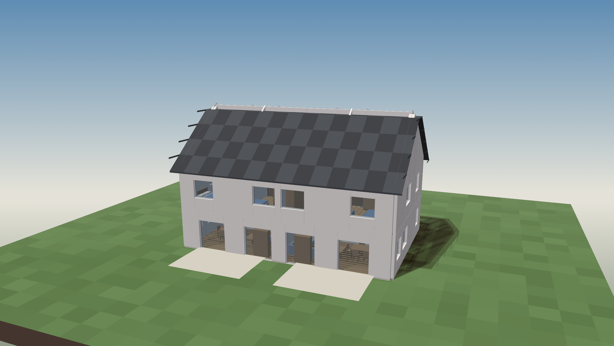 3D-Außenansicht des Beispiel-Doppelhauses mit Satteldach und zwei Terrassen