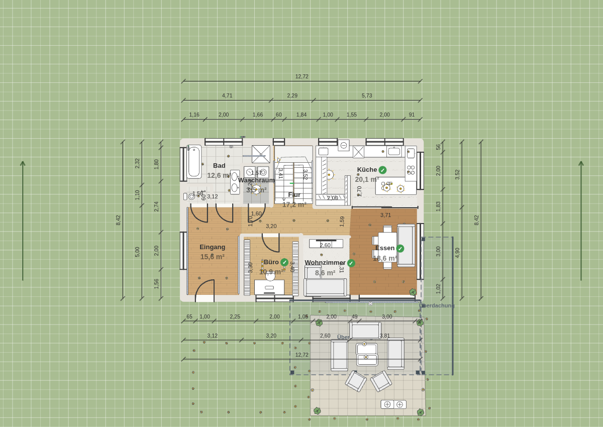 Bemaßter 2D-Grundriss des Erdgeschosses mit Küche, Essbereich, Wohnzimmer, Büro und überdachter Terrasse
