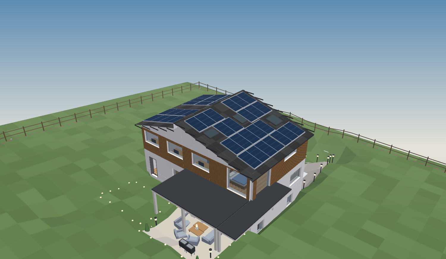 3D-Außenansicht des Beispiel-Einfamilienhauses mit überdachter Terrasse und Photovoltaik auf dem Dach