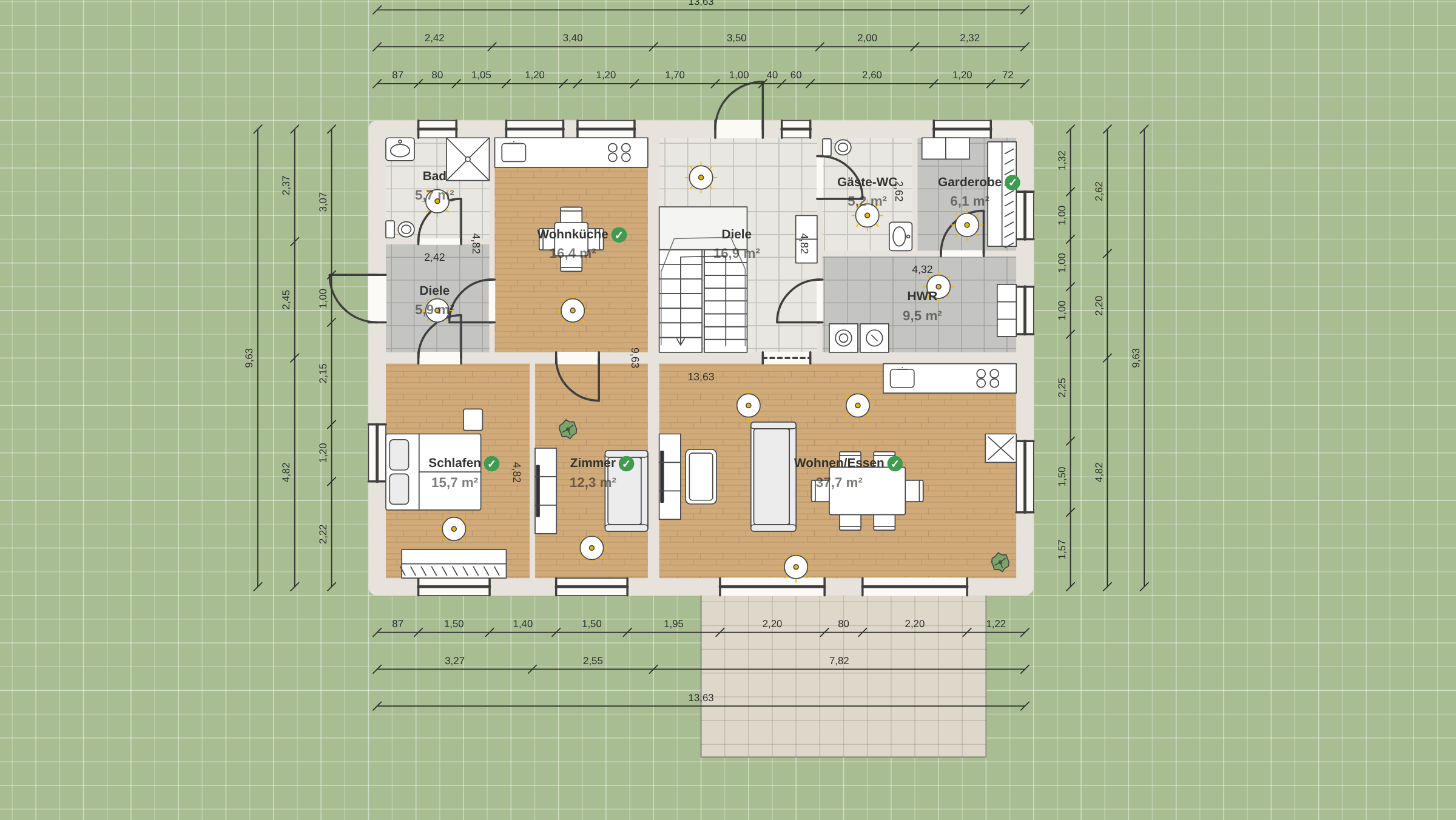 Bemaßter 2D-Grundriss des Erdgeschosses mit Einliegerwohnung links und Hauptwohnung rechts