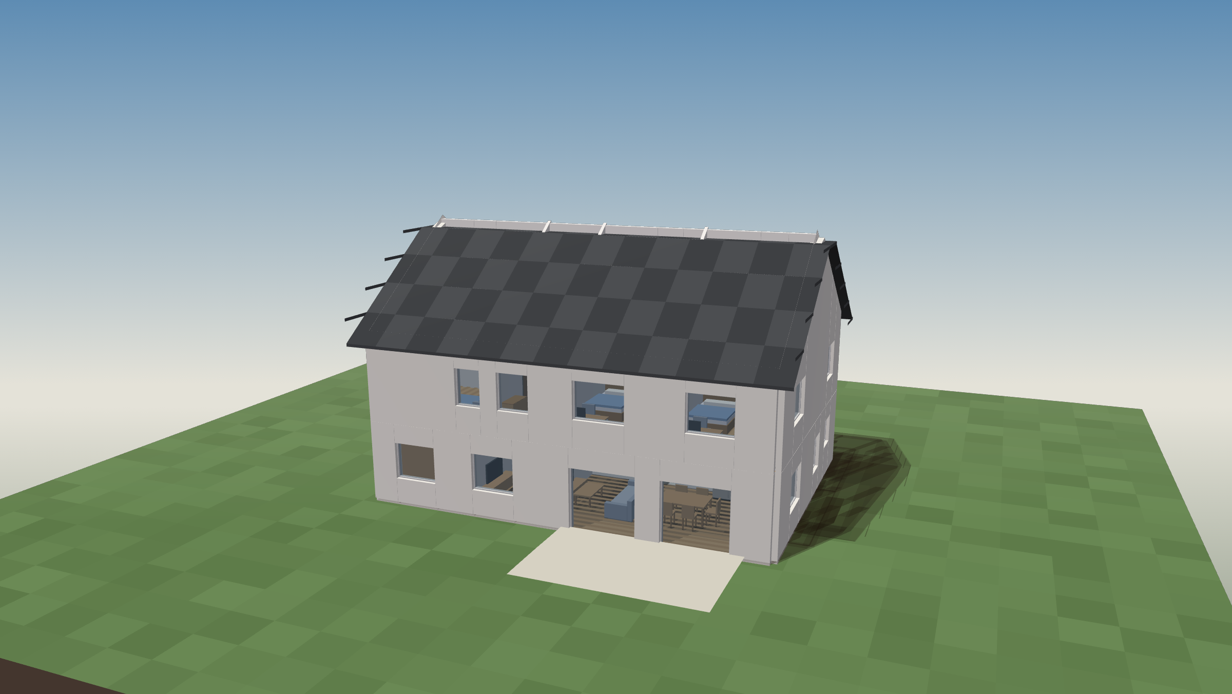 3D-Außenansicht des Beispielhauses mit Einliegerwohnung, Satteldach und Terrasse