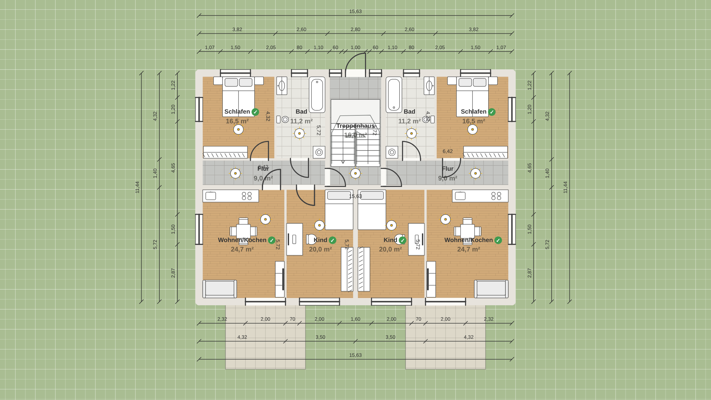 Bemaßter 2D-Grundriss eines Wohngeschosses mit zwei Wohnungen und mittigem Treppenhaus