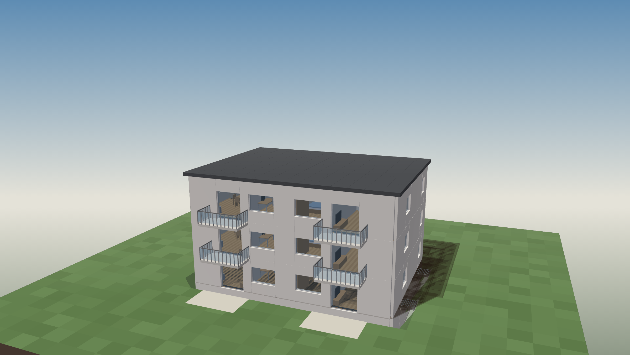 3D-Außenansicht des Beispiel-Mehrfamilienhauses mit drei Geschossen, Balkonen und Flachdach