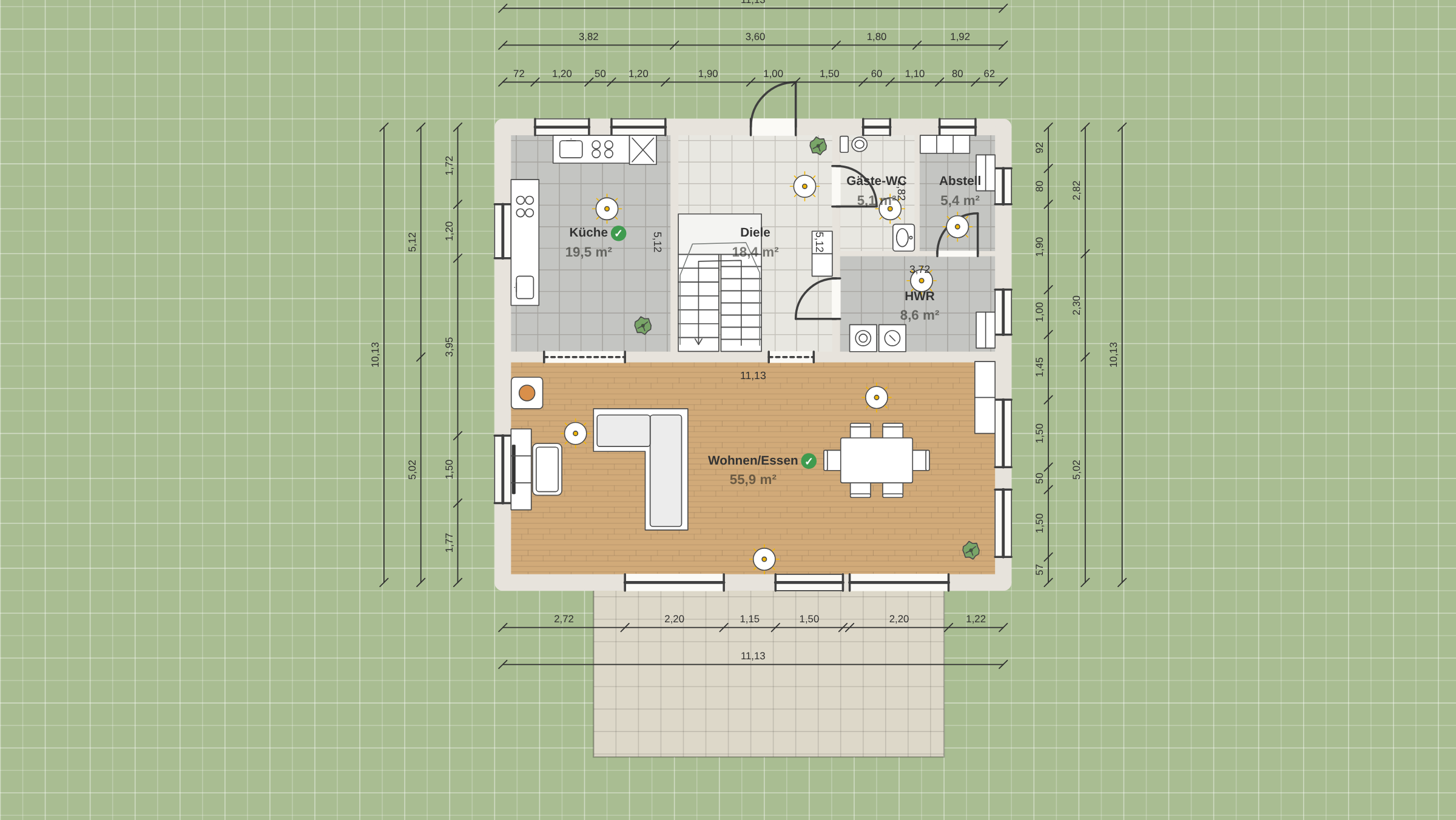 Bemaßter 2D-Grundriss des Erdgeschosses der Stadtvilla mit Küche, Diele, Treppe und offenem Wohn-Essbereich