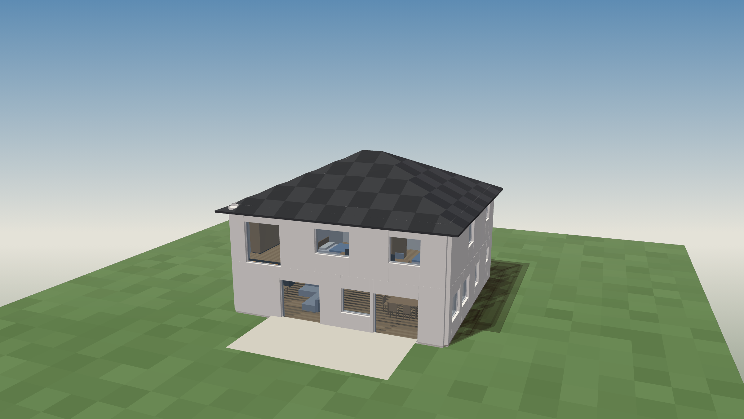 3D-Außenansicht der Beispiel-Stadtvilla mit Walmdach und Terrasse
